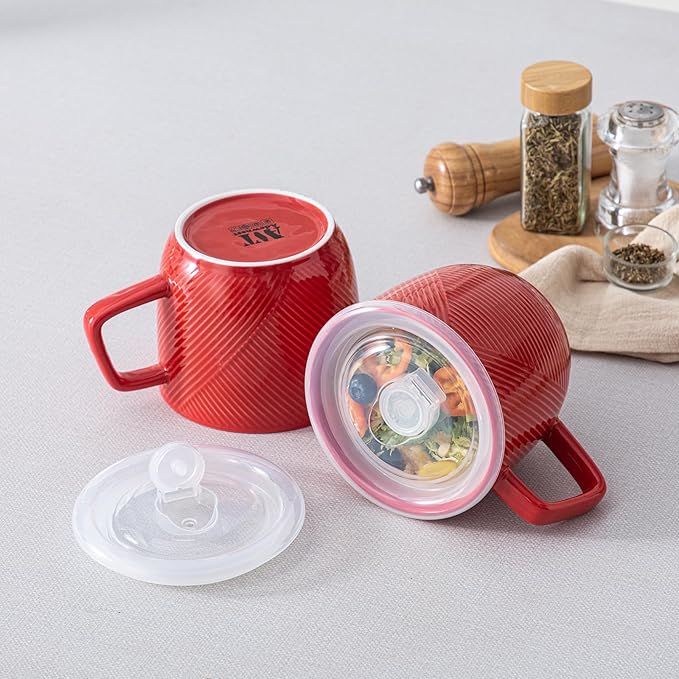 Ceramic Soup Bowl with Lid & Handle: 32 oz Microwave Safe Food Container for Ramen Noodles Cereal Leftovers - Extra Large Mugs for Breakfast Lunch Picnic Camping - Red, Set of 2