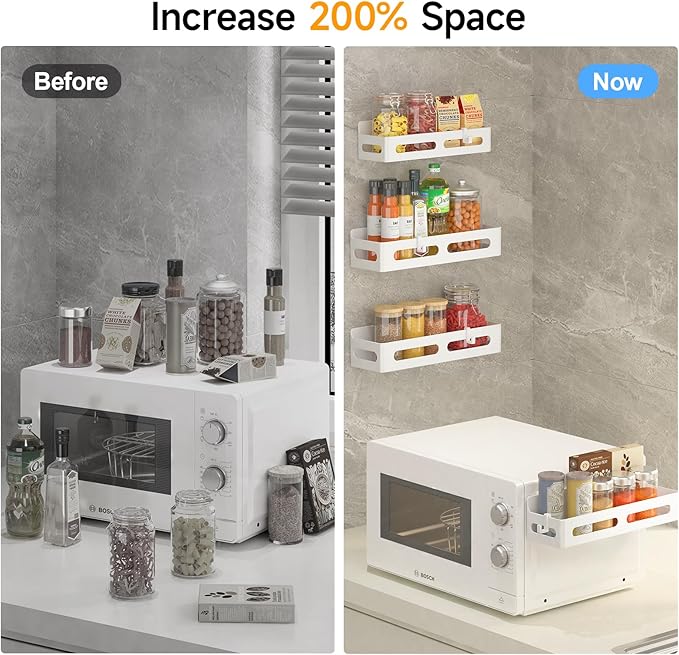 Sevenblue 2 Pack Strong Magnetic Spice Rack for Refrigerator, Multipurpose Magnetic Shelf for Fridge with 4 Hooks for kitchen and Bathroom Organization, White