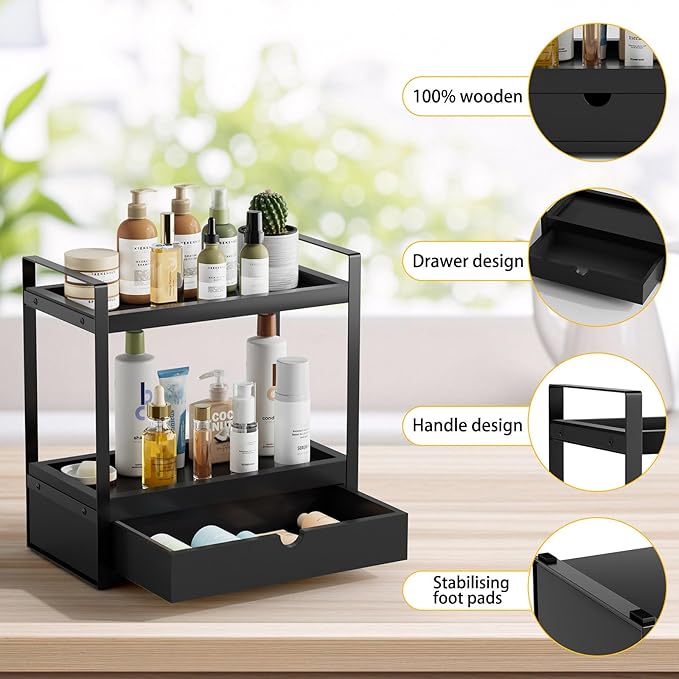 Boulphia 2-Tier Bathroom Organizer Countertop with Drawer, Wood Bathroom Counter Shelf for Storage, Vanity Organizer Countertop for Kitchen, Office