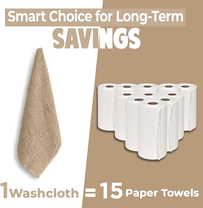 DAN RIVER 24 Pack Wash Cloths for Showering [12x12] - 100% Cotton Washcloths Premium Quality Flannel Face Cloths for Bathroom, Highly Absorbent and Soft Feel Wash Clothes, Tan