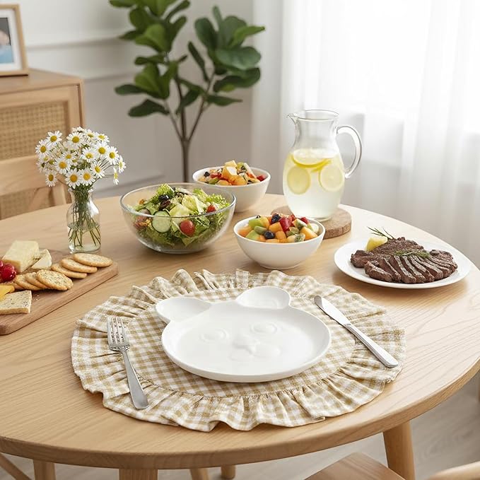 4 Pcs 15 Inch Linen Scalloped Round Placemats, Thin Plaid Place Mats with Ruffle, Washable Placemats Table Mats for Kitchen Dining Holiday Gatherings Decor(Light Brown, Gingham)