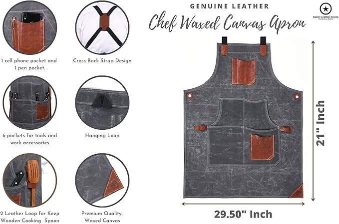 One Size Fits Utility Apron | Adjustable Cross-Back Straps | Multi-Use Shop Apron With Tool Pockets By Aaron Leather Goods (Grey, Canvas Leather)