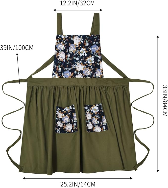 Pinknoke Vintage Pinafore Apron Dress for Women with Pockets Cute Floral Chef Aprons for Kitchen Cooking Baking Gardening