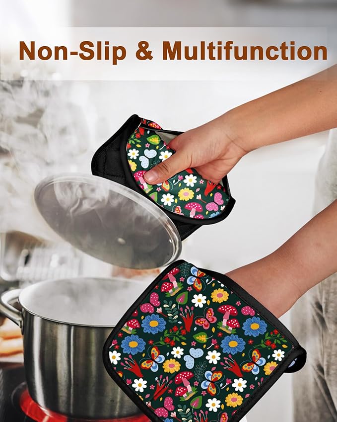Swooflia 100% Cotton Pot Holders 2 Pack Set for Kitchen with Pockets - Cute 440°F Heat Resistant Oven Hot Pads Heavy Duty for Countertop Home Cooking Baking Microwave BBQ Vintage Floral
