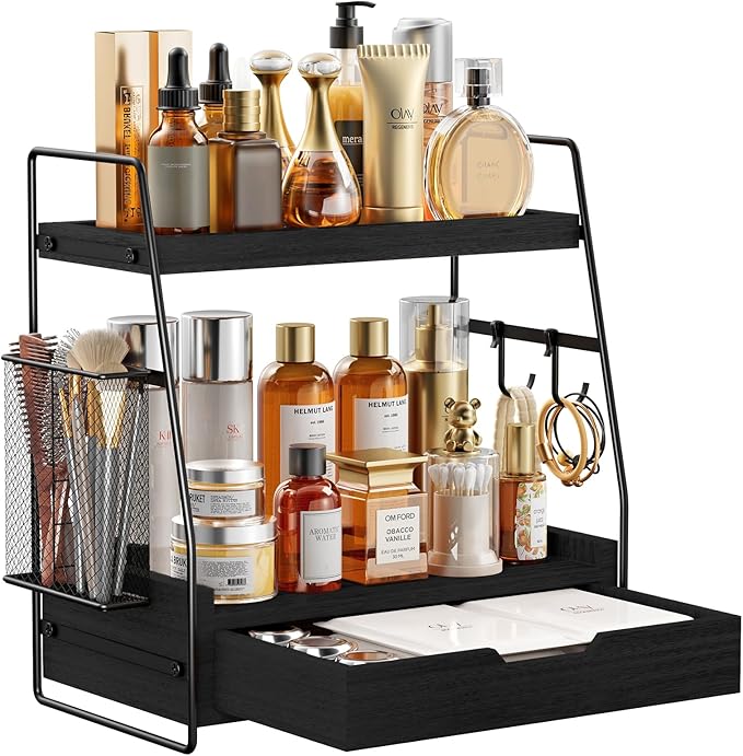 2-Tier Bathroom Counter Organizer with Drawer & Removable Basket, Wood & Metal Vanity Organizer for Skincare, Makeup, Perfume, Toiletries, Small Bathroom Counter Shelf, 13'' Black
