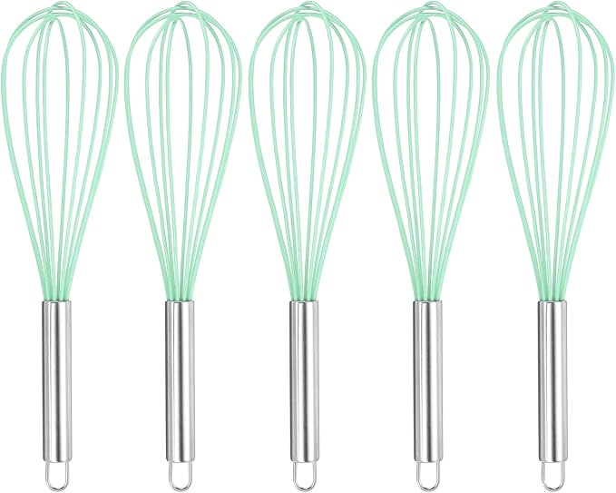 HARFINGTON 5Pcs Silicone Whisk 12" Kitchen Whisk Wire Whisks Beater with Stainless Steel Handle for Egg Milk Whisking Blending Beating & Stirring, Green