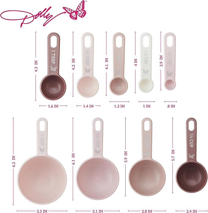 Dolly Parton Measuring Cups and Spoons Set, Pink with Butterfly Accents, Easy-Read Markings, Nesting Design with Ring, 1/4 tsp to 1 Cup, Baking and Cooking Essential, 9 Piece