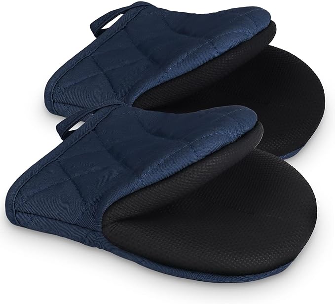 Short Oven Mitts, Heat Resistant 500°F, Silicone Grip Kitchen Gloves, Non-Slip for Baking, Grilling, BBQ, Machine Washable with Hanging Loop, 2-Pack Set, Navy Blue