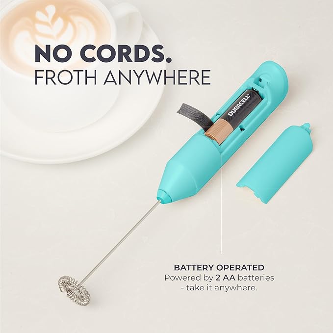 Zulay Kitchen Powerful Milk Frother AA Batteries Included – Ultra Fast Handheld Drink Mixer with Stainless Steel Whisk Stirrer for Coffee, Protein, Matcha & More, Frother Wand Electric Frothmate Teal