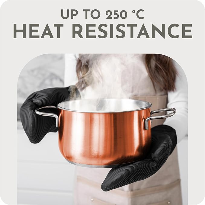 Extra Long Silicone Oven Mitts | Heat Resistant 500°F BPA-Free Food Grade Silicone Kitchen Mittens | 2-Piece Set of Oven Gloves Kitchens- Black