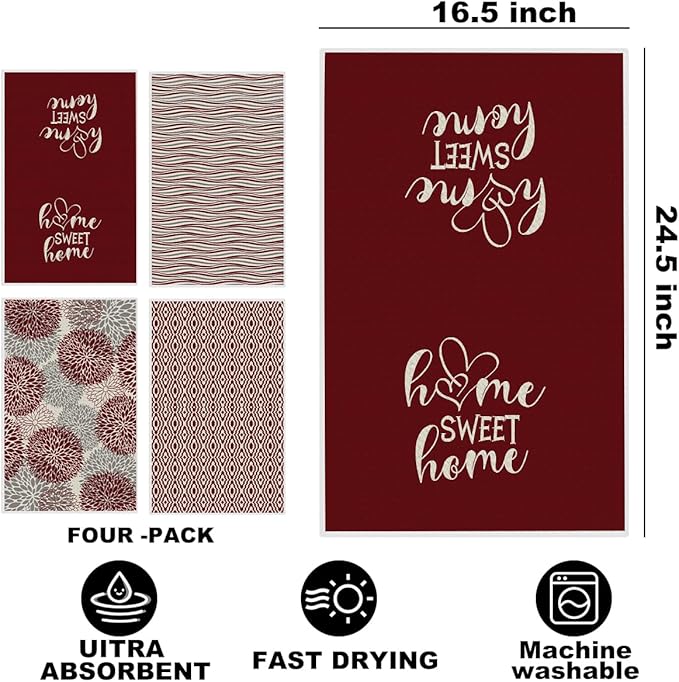 4 Pcs Abstract Artistic Kitchen Towels, Red Flower Soft Absorbent Tea Hand Towel, Microfiber Dish Cloths for Drying Dishes, Waffle Dish Towels for Kitchen Bathroom, Housewarming Gifts for Women