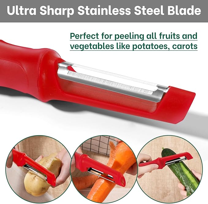 Beneno Swivel Vegetable Peeler, Razor-Sharp Smooth Peeling Potato Peelers with Stainless Steel Blades, Ergonomic Comfort Non-Slip Rubber Handle, Durable Kitchen Peelers with Potato Eye Remover, Red
