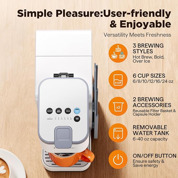 Tastyle Hot & Iced Coffee Maker with Magnetic K-Pod Organizer (Pods Not Included), Stores 10 Pods, 4-5 Cups Coffee Maker & Single-serve Brewer for K Cup & Grounds, 40oz Removable Water Tank, White