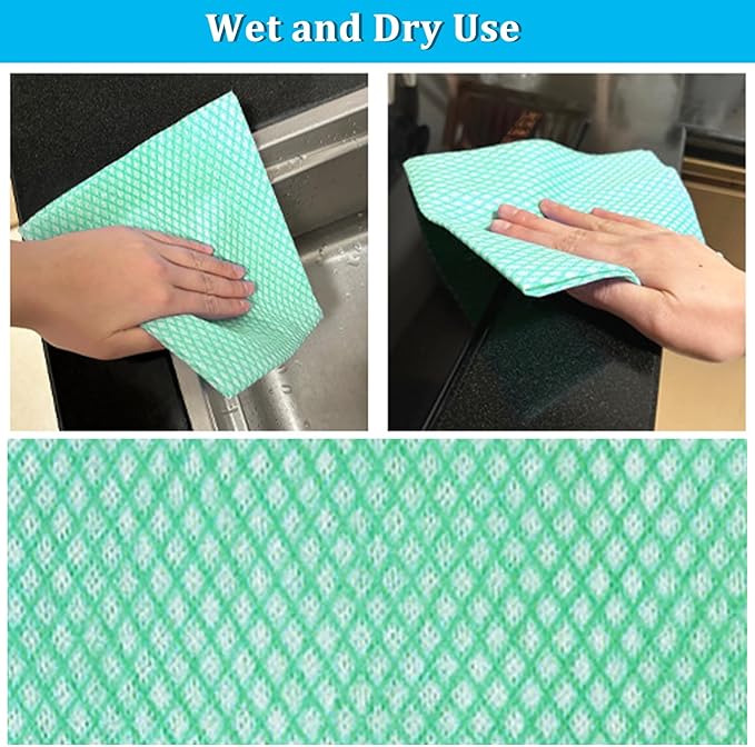 13.8" x 15.8" Disposable Cleaning Towels Disposable Dish Cloths, Reusable Wipes for Kitchen, Bathroom, Household Cleaning, Green