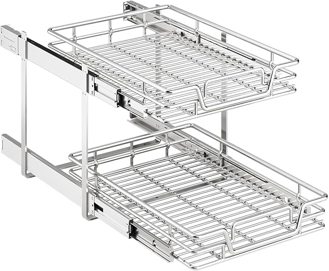 2-Tier Kitchen Cabinet Pull Out Shelf and Drawer Organizer Slide Out Pantry Storaqe Basket in Multiple Sizes (15" W x18 D)