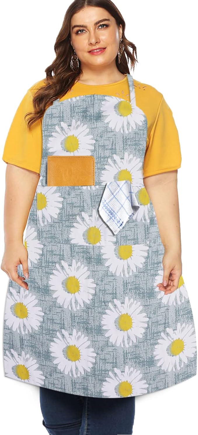 Sanlykate Extra Large Canvas Cotton Apron for Men & Women, Plus Size Durable Aprons with 2 Pockets, Adjustable Bib Machine Washable Oversized Aprons for Baking, Cooking, Painting - Sunflower