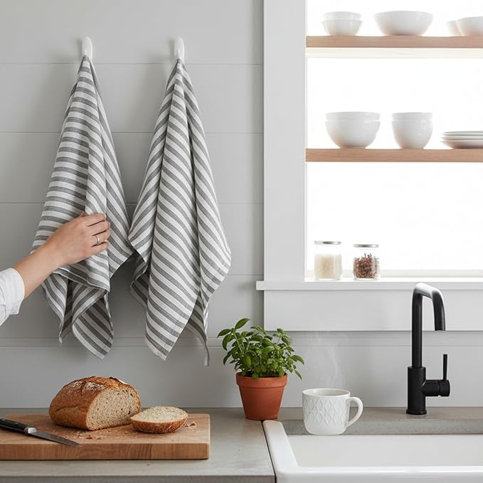 Eight Owls Stonewashed Linen Kitchen Dish Towels - 20 x 27 inch – 100% Pure Linen Tea Towel/Hand Towel - Set of 2 (Sage Stripe)
