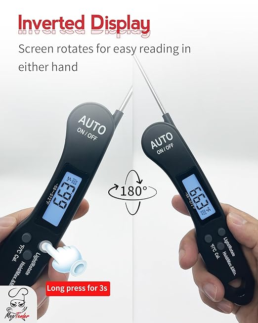 Instant Read Meat Thermometer, 1.2s Fast Read, ±1°F Accuracy, -58°F to 572°F, 4.4" Foldable Probe, 0 °C Calibration, Min/Max (Session), Auto-Rotating Backlit Display, °F/°C, Magnetic Back, Auto-Off