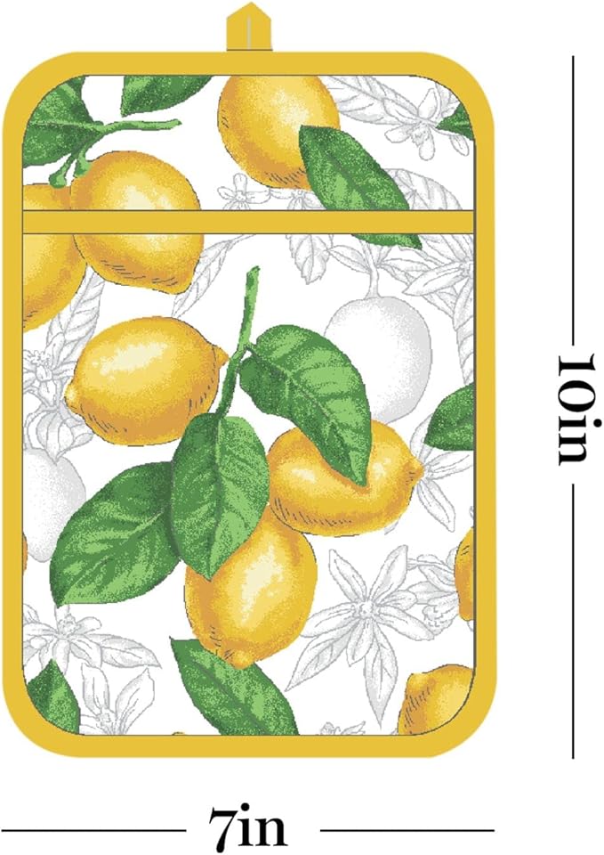 Martha Stewart Lots of Lemons Modern Kitchen Towel, Oven Mitt & Potholder Set, 4-Pack, White-Yellow