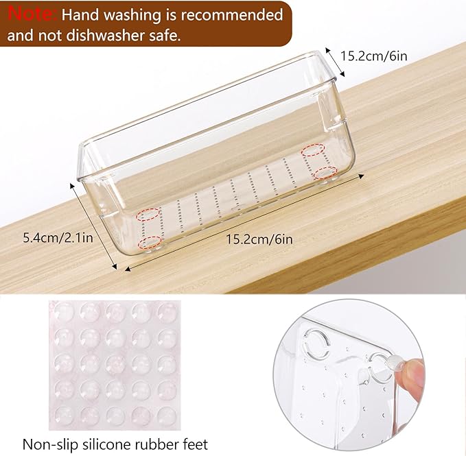 Ohlove 6 Pcs Large Clear Plastic Drawer Organizers Tray 6" x 6" Storage Bins with 25 Pcs Non-Slip Pads for Makeup, Jewelries, Kitchen Utensils, Bathroom and Office