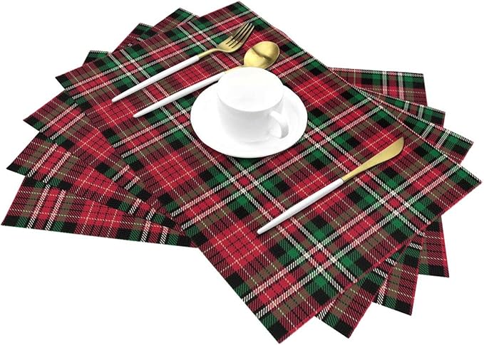 Christmas Place mats Set of 4, 12x18 Inches Red Green Plaid Decorative Placemats Rectangle Winter Table Mats for Party Home Kitchen Dining Table Decoration