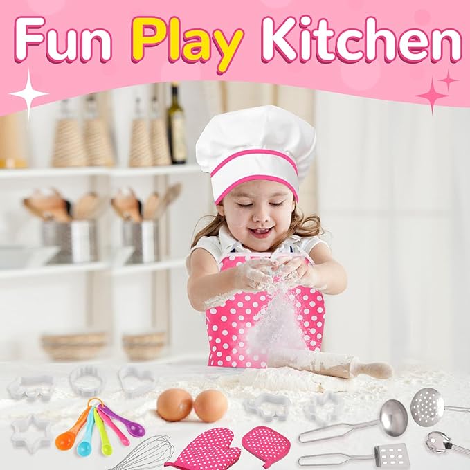 Kids Cooking Baking Set , Kids Kitchen Pretend Play Toys, Children Chef Role Play Costume Set - Chef Hat and Matching Pink Apron, Birthday Xmas Gifts for 3-8 Year Old Girls Toys