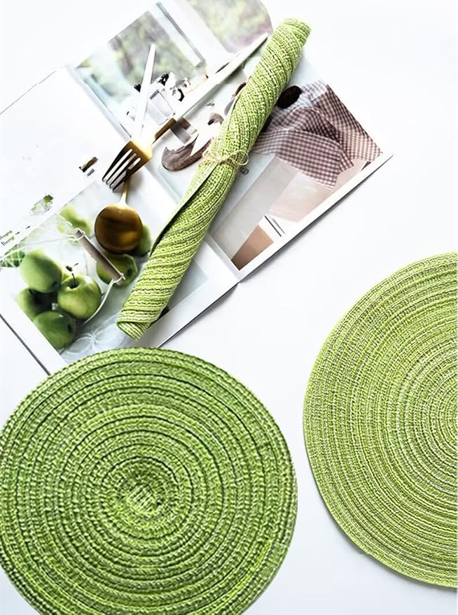 15 Inches Round Braided Placemats Set of 4, Washable Heat Resistant Cotton Polyester Circle Place Mats for Dining Table, Hot Pads for Kitchen, Trivets for Hot Dishes, Pots and Pans (Green,4)
