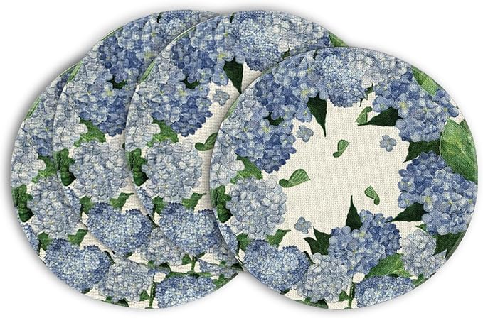Artoid Mode Watercolor Hydrangea Summer Round Placemats Set of 4, 14 Inch Summer Round Table Mats for Dining Decoration