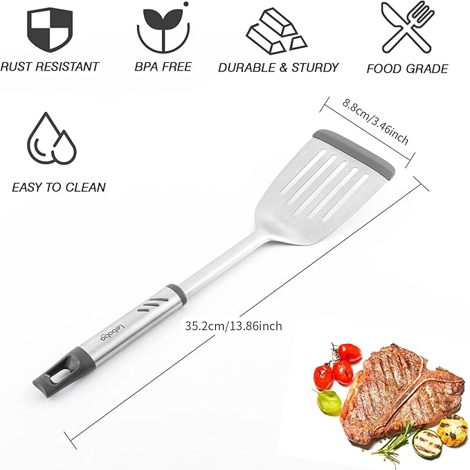 Silicone Spatula - Slotted Turner Fish Spatulas for Nonstick Cookware - Stainless Steel Pancake Flipper Perfect for Steak, Burger, Pizza, Egg - Comfortable Grip - Dishwasher Safe - 13.86 inch