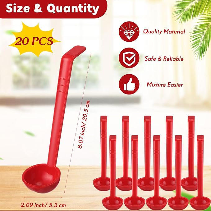 Tioncy 20 Pcs 1 oz Plastic Small Ladles with 8 Inches Long Handle, Mini Ladle for Serving Salsa Sauce Dressing Punch Bowl Sauces and Toppings (Red)