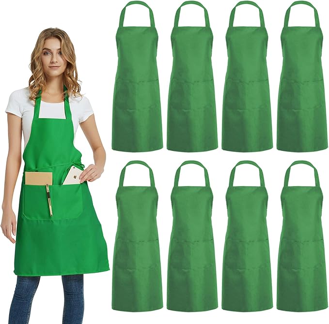 DUSKCOVE 8 Pack Bib Aprons Bulk - Unisex Green Commercial Apron with 2 Pockets for Kitchen Crafting BBQ Drawing Cooking