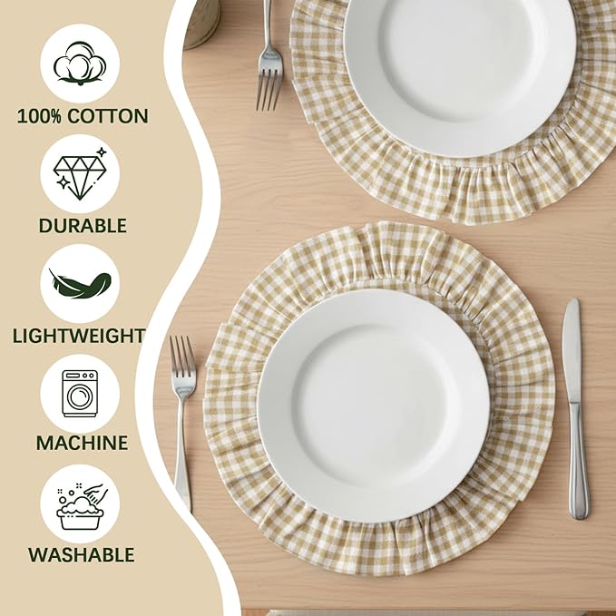 4 Pcs 15 Inch Linen Scalloped Round Placemats, Thin Plaid Place Mats with Ruffle, Washable Placemats Table Mats for Kitchen Dining Holiday Gatherings Decor(Light Brown, Gingham)