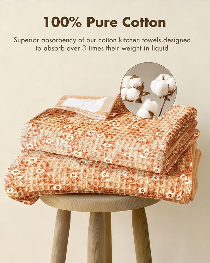 Miss Adola Cotton Waffle Kitchen Towels – Cute 370 GSM 16x25 Inch Terry Cloth Waffle Decorative Dishcloth for Kitchen Set of 2 with Hanging Loop Absorbent Hand Tea Towel for Home Design, Rustic Flower