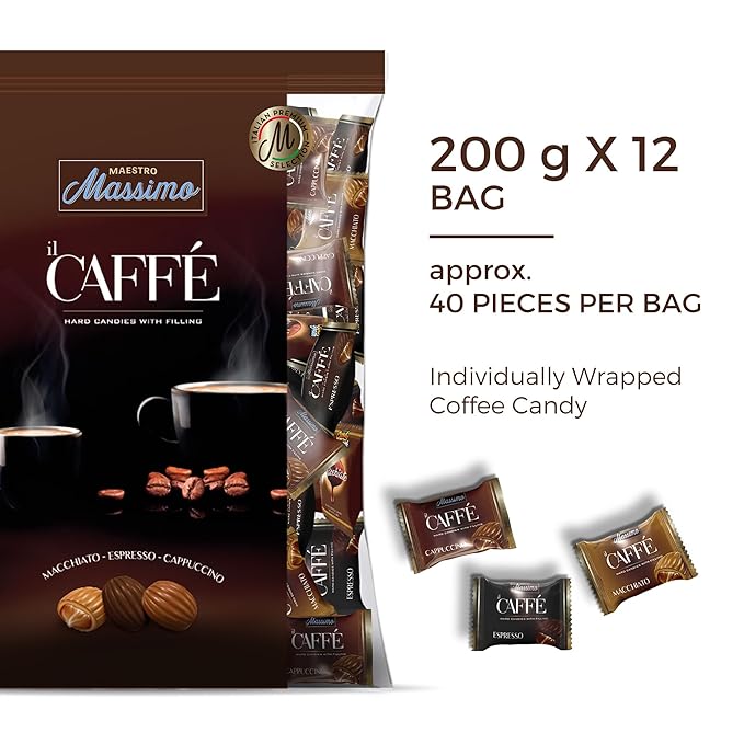 Maestro Massimo Assorted Coffee Candy - Individually Wrapped 7.05 oz Bag, 3mg Caffeine per Hard Candy, Original Espresso, Macchiato, Cappuccino Flavored, Made with Bold Arabica Coffee - Variety Pack of 12
