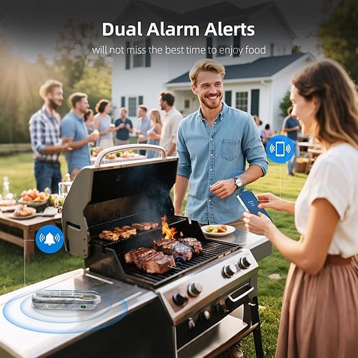 Wireless Meat Thermometer with Unique Stone Texture, Smart APP Control, 500 Ft Remote Range, Dual Alarm, Waterproof Cooking Thermometer Wireless for Grilling, Smoking, Family BBQ, Oven