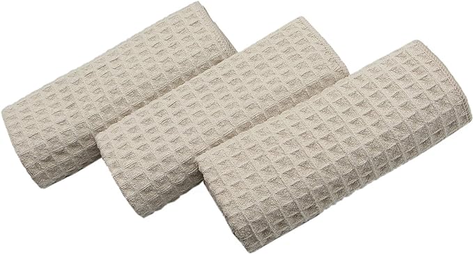 Waffle Weave Absorbent Kitchen Dish Towels - Thick Microfiber 16Inch x 24Inch 3 Pack Khaki