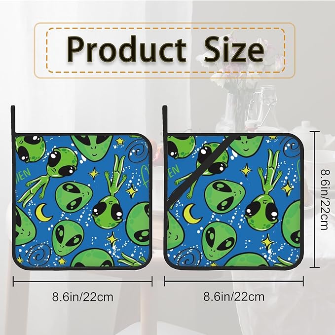Green Alien Pot Holder Set of 2,Heat Resistant Potholders Oven Hot Pads for Kitchen Cooking Baking BBQ