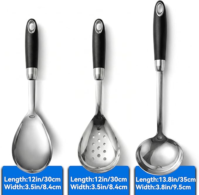 304 Stainless Steel Spoon Set, Soup Ladle, Solid & Slotted Cooking Spoons, Non-Slip Heat-Resistant Handles, Dishwasher Safe Kitchen Tools,Stainless Steel Large Serving Spoons Set pack of 3