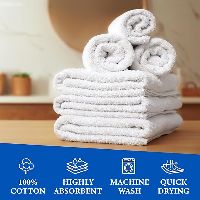 GREEN LIFESTYLE Terry Bar Mops 14" x 17" 12 Pack - Cotton Bar Towels, Kitchen Towels, Cleaning Rags, Absorbent Terry Cloth Towels for Restaurant, Bar, Kitchen and Home Use (White)