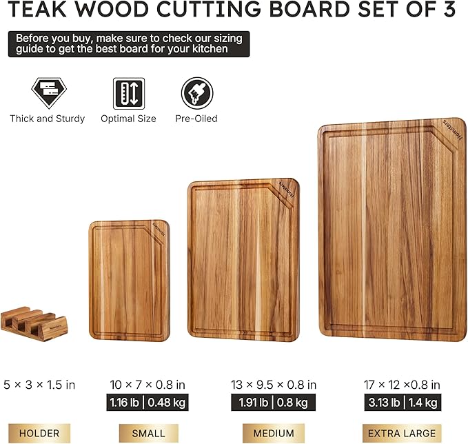 3 Pack Teak Wood Cutting Board Set for Kitchen Charcuterie Board Serving Heavy Duty Non Toxic Slip Hardwood Over Sink Solid Thick Haus Wooden Chopping Board Large Big Small Meat Best Essential Gift