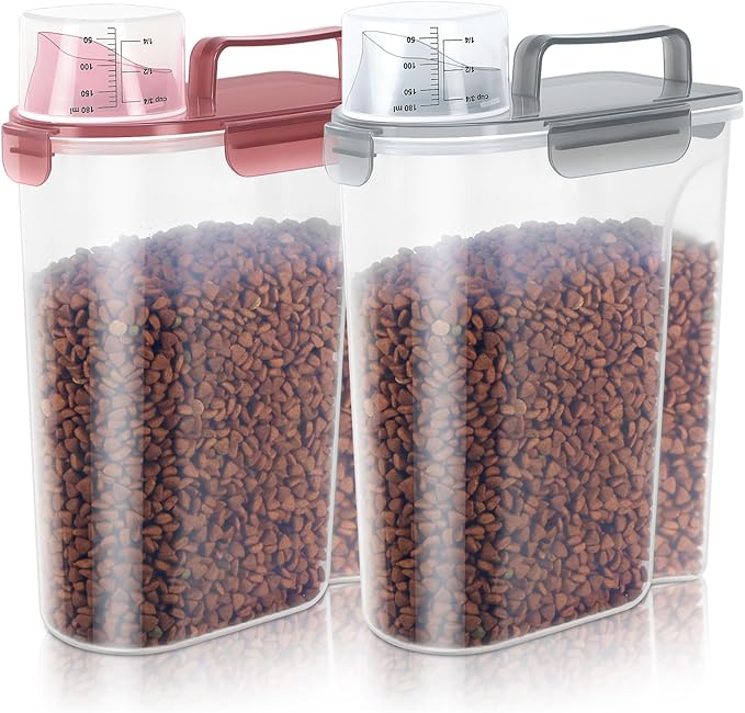 LEAWALK 5-7Lbs Dog Cat Food Storage Container with Upgraded Large Nozzle BPA-free, 4 Snap Seals Plastic Pet Food Storage Containers with Handles (Claer(Pink+Grey), 5L-2pack)