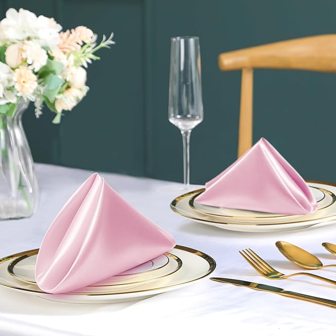 100 Pack Pink Satin Napkins and Napkin Rings Set, 12 x 12 Inch Silky Soft Cloth Napkins Set of 50, Square Satin Dinner Table Napkins Bulk for Wedding Banquet Graduation Party Decoration