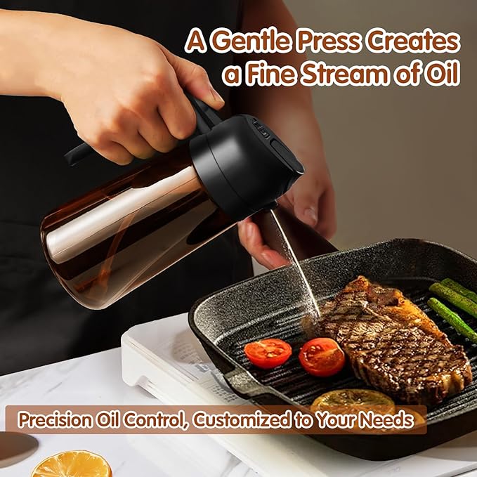 YARRAMATE 16oz/470ml Light Blocking Oil Sprayer for Cooking with Stickers, Food-Grade 2 in 1 Olive Oil Dispenser Bottle for Kitchen, Premium Dark Amber Glass Oil Bottle for Air Fryer, BBQ (Black)