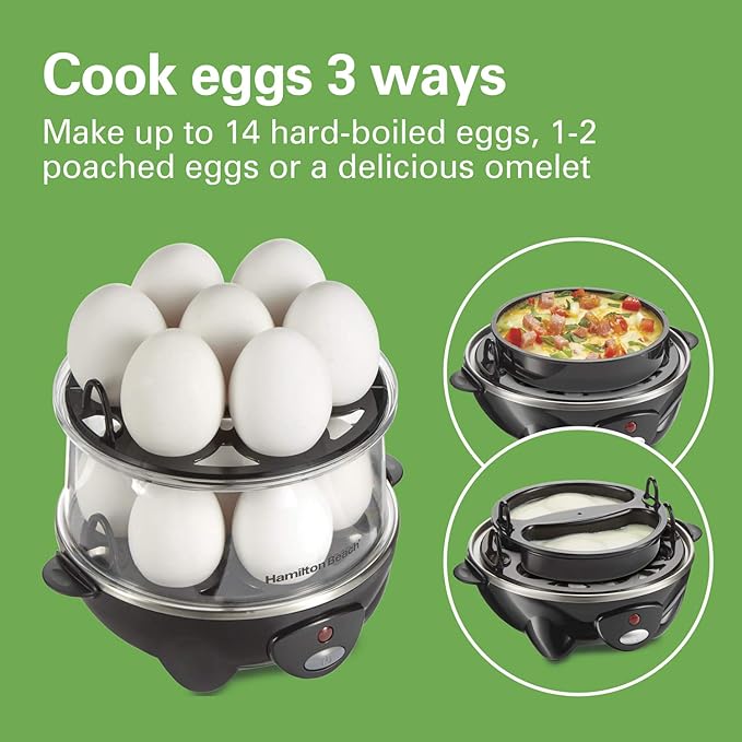 Hamilton Beach 3-in-1 Electric Egg Cooker for Hard Boiled Eggs,Poacher,Omelet Maker & Vegetable Steamer,Holds 14,Black (25508),(Pack of 2)