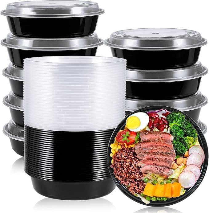 MUCHII 50 Pack Meal Prep Container, 24 oz Round Plastic Disposable Bowls with Lids, Food Microwave and Freezer Safe