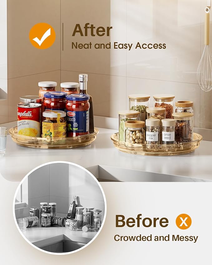 LAMU 2 Pack Lazy Susan Organizer 9.25 inch Lazy Susan Turntable for Cabinet, Rotating Spice Organization for Cabinet, Kitchen, Table Top, Countertop, Pantry Fridge Organizers and Storage, Amber