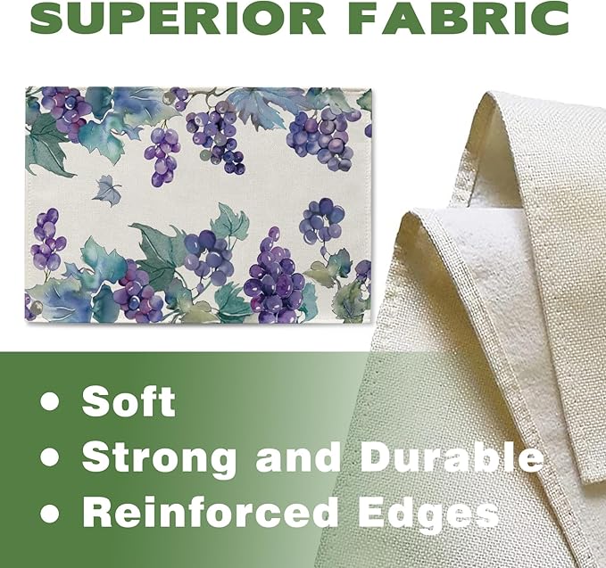 Watercolor Grapes Placemats Set of 4, Spring Summer Sweet Fruit Dining Table Place Mats, Farmhouse Kitchen Decor Home Decoration 12 x 18 Inches