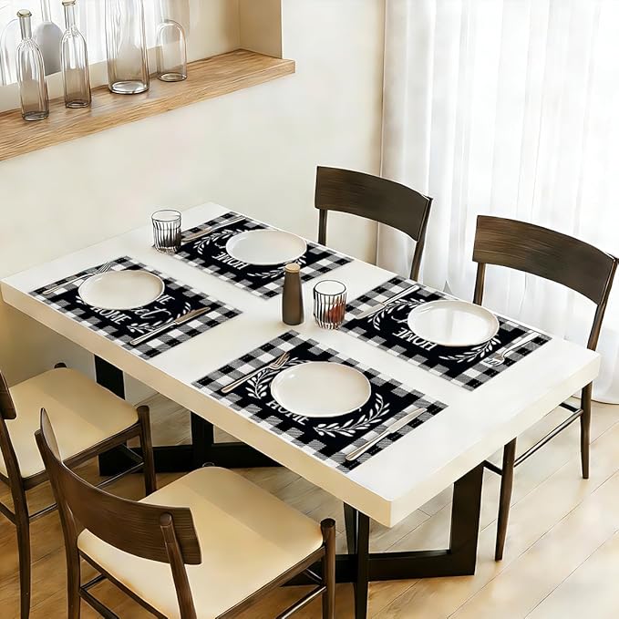 Black and White Linen Placemats Set of 4, Cloth Farmhouse Buffalo Plaid Linen Home Sweet Home Place Mats - Washable Heat Resistant Fabric Table Mats for Kitchen Dining Table 18 X 12 Inch, Plaid