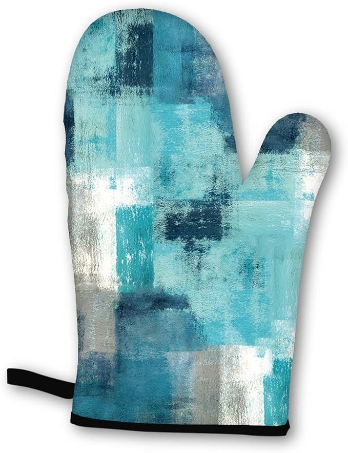 Turquoise Grey Oven Mitts and Pot Holders Sets of 4 Modern Teal Abstract Art Oven Gloves for Kitchen Baking Cooking Grilling (Turquoise)