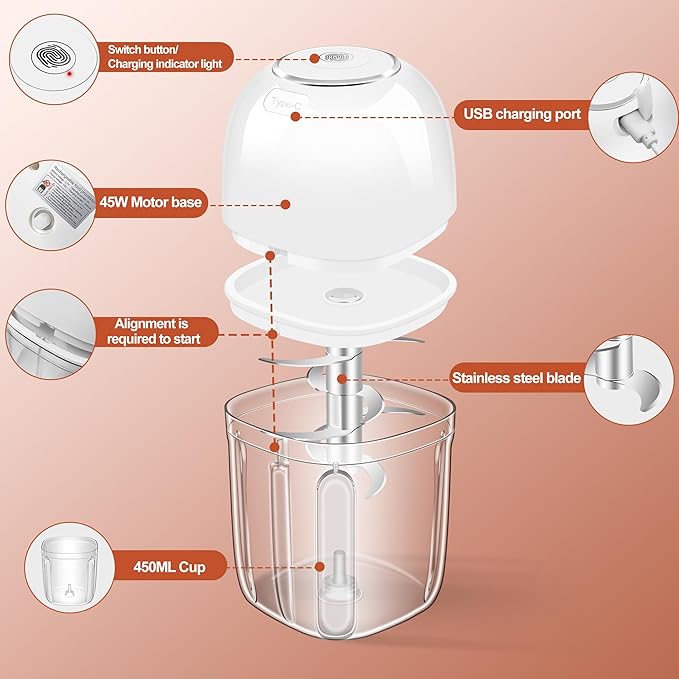 450ML (1.8 Cup) Electric Garlic Chopper, Mini Portable Food Processor, Garlic Grinder Masher for Onion, Ginger, Chili, Fruit, Vegetable, Meat